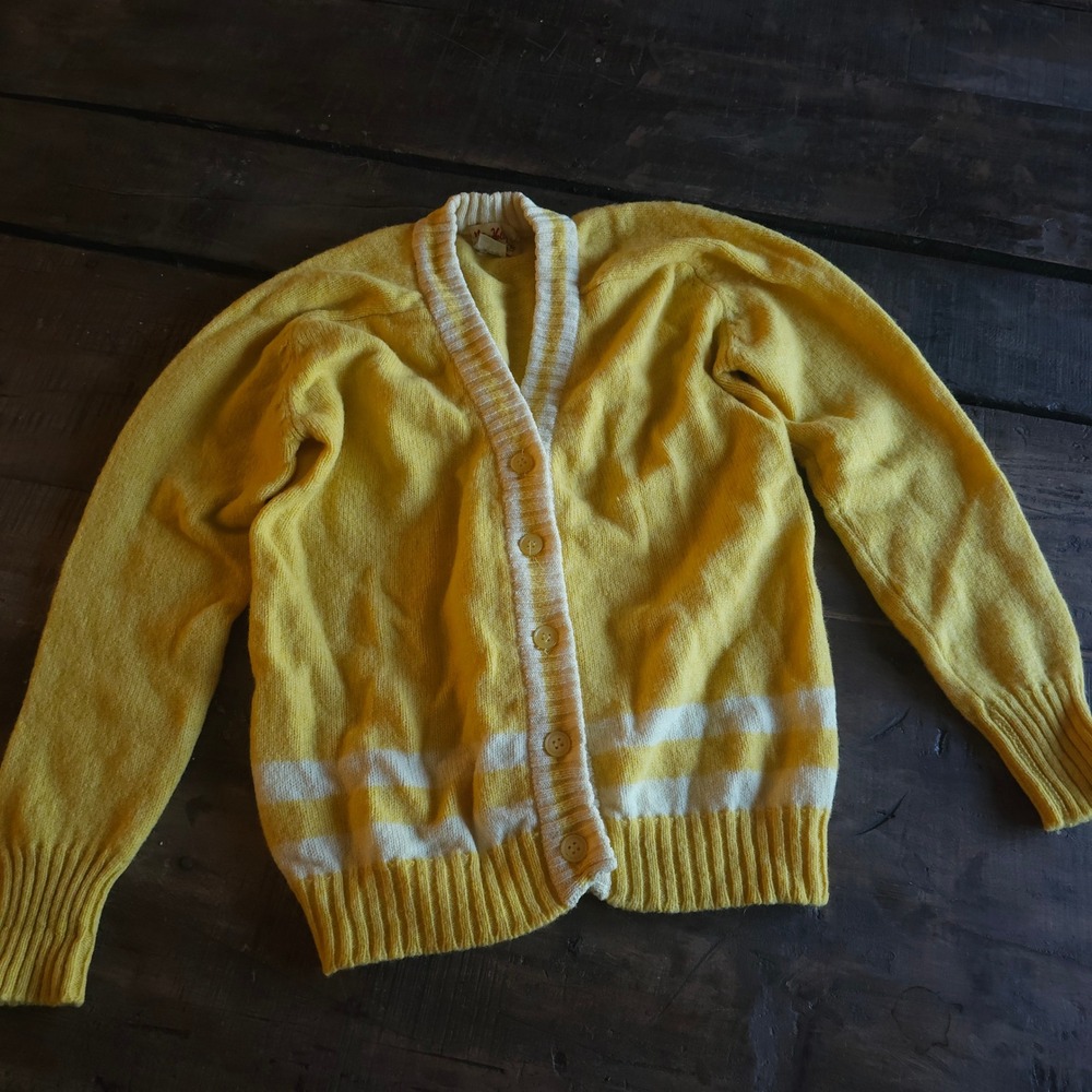 Vintage Miss Holly Yellow Wool Cardigan Sweater Striped V-Neck Japan 1970s 1960s